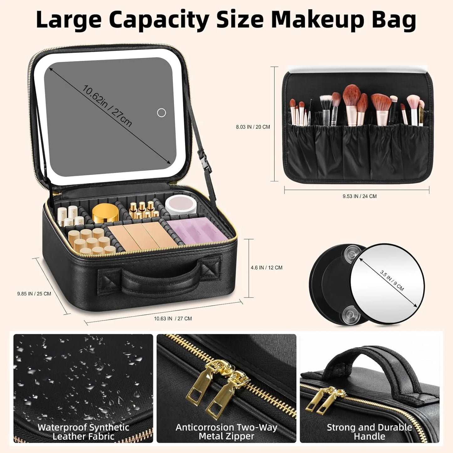Large Travel Makeup Bag with Led Mirror